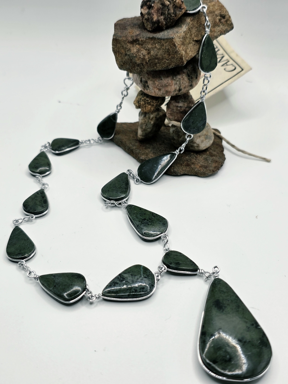 Natural Green Stone Teardrop Statement Necklace Silver Tone 18"  Boho Artisan
